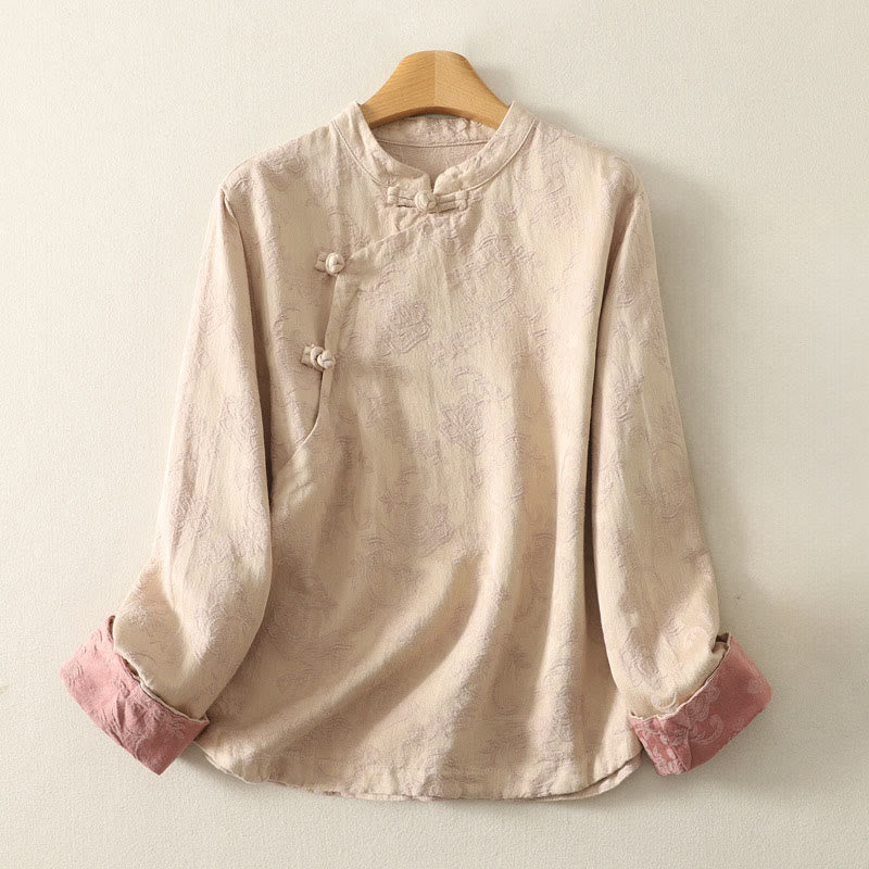 Buddha Stones Spring Plain Jacquard Design Women's Cotton Zen Long Sleeve Shirt - BlanchedAlmond - US8-10，UK/AU12-14，EU40-42 (2XL) - image 5