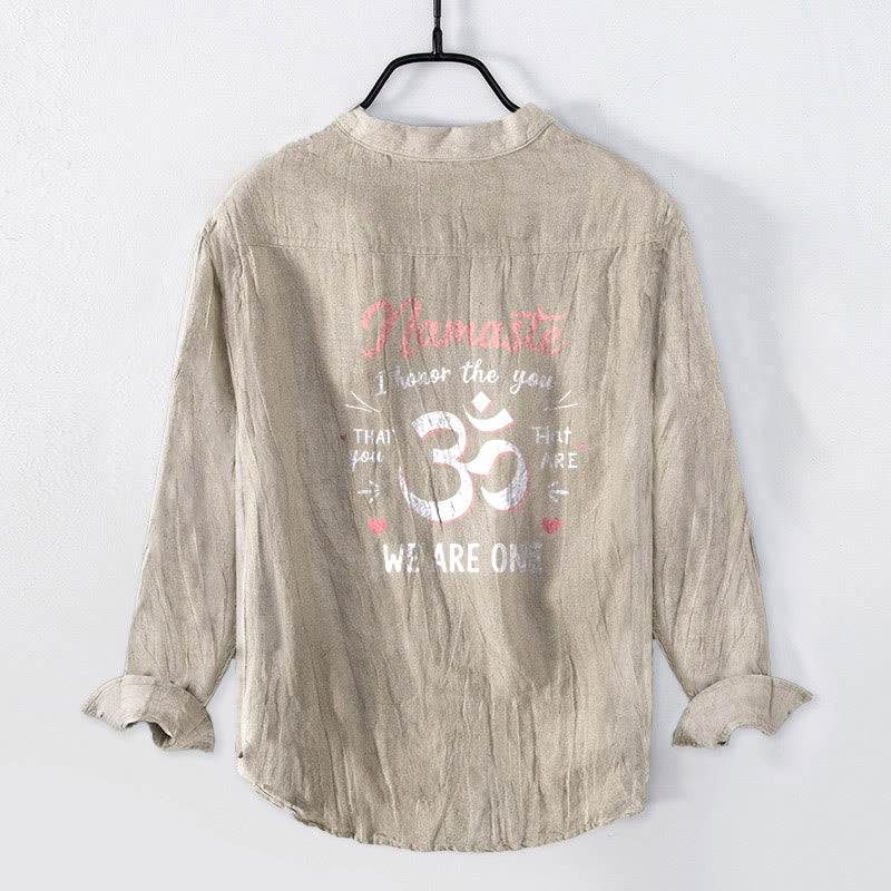 Buddha Stones "Namaste I Honor the You" Om Pattern Half Buttons Men's Cotton Linen Long Sleeve Shirt - image 5