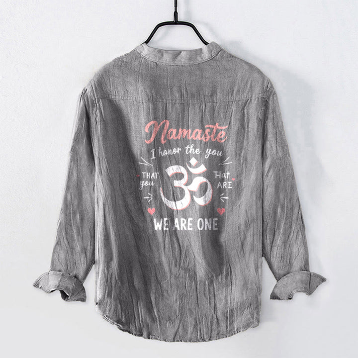 Buddha Stones "Namaste I Honor the You" Om Pattern Half Buttons Men's Cotton Linen Long Sleeve Shirt - image 8