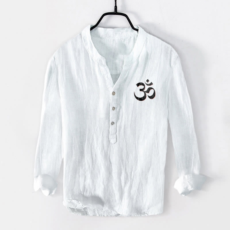 Buddha Stones "Namaste I Honor the You" Om Pattern Half Buttons Men's Cotton Linen Long Sleeve Shirt - image 1