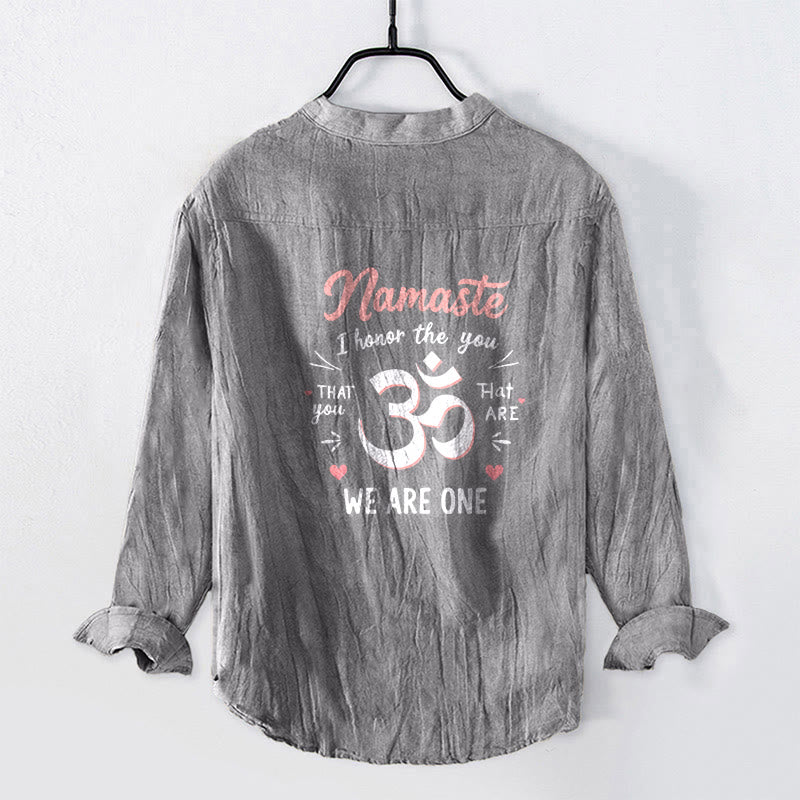 Buddha Stones "Namaste I Honor the You" Om Pattern Half Buttons Men's Cotton Linen Long Sleeve Shirt - image 8