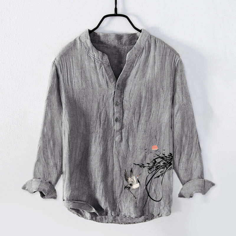 Buddha Stones Rising Sun Crane Branches Pattern Half Buttons Men's Cotton Linen Long Sleeve Shirt - Gray - US/UK/AU50，EU60 (5XL) - image 3