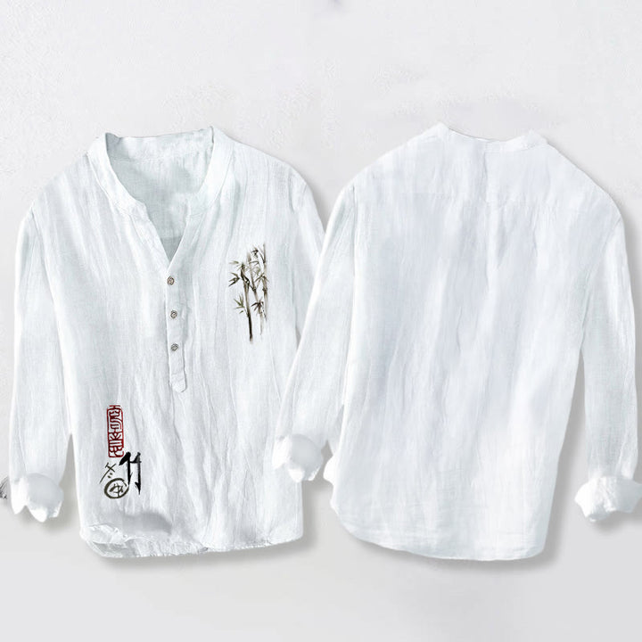 Buddha Stones Red Seal Bamboo Leaves Pattern Half Buttons Men's Cotton Linen Long Sleeve Shirt - image 8