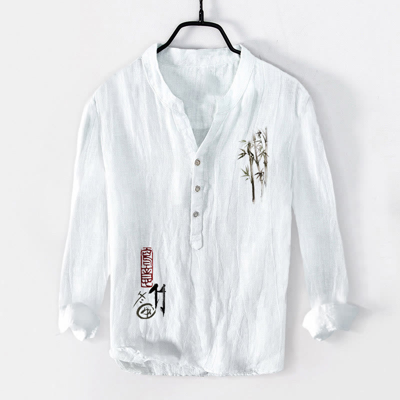 Buddha Stones Red Seal Bamboo Leaves Pattern Half Buttons Men's Cotton Linen Long Sleeve Shirt - White - US/UK/AU50，EU60 (5XL) - image 6