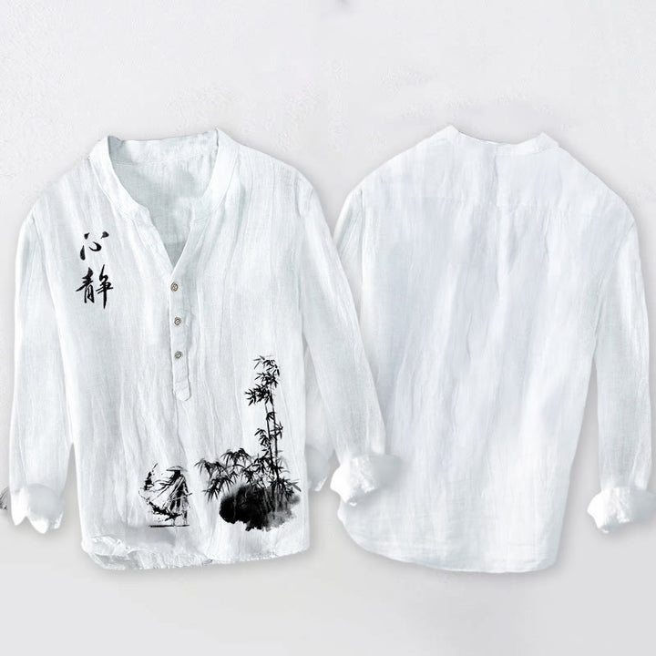 Buddha Stones Bamboo Chinese Character Swordsman Pattern Half Buttons Men's Cotton Linen Long Sleeve Shirt - image 8