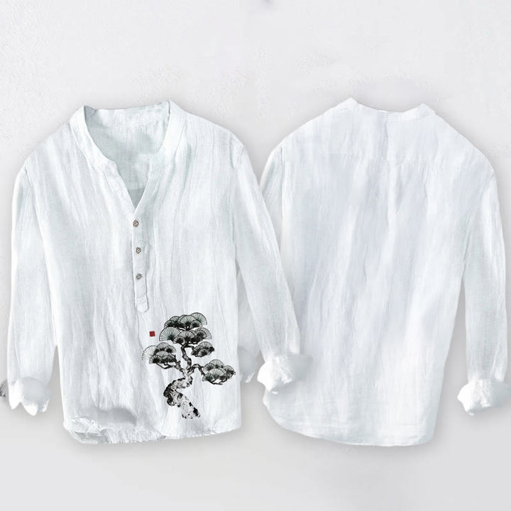 Buddha Stones Pine Tree Pattern Half Buttons Men's Cotton Linen Long Sleeve Shirt - image 8