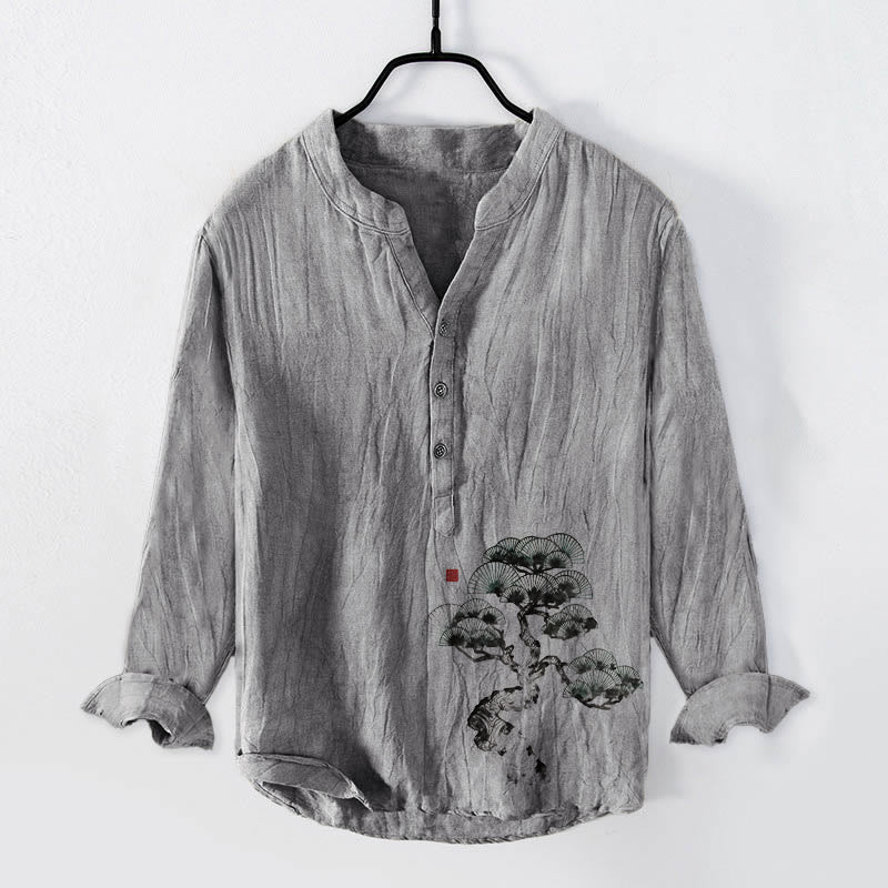 Buddha Stones Pine Tree Pattern Half Buttons Men's Cotton Linen Long Sleeve Shirt - Gray - US/UK/AU50，EU60 (5XL) - image 3