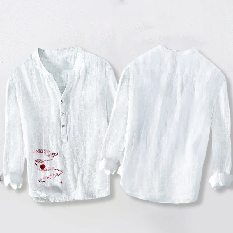 Buddha Stones Auspicious Clouds Red Sun Pattern Half Buttons Men's Cotton Linen Long Sleeve Shirt - image 5