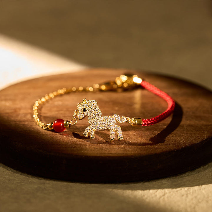 Buddha Stones 925 Sterling Silver Plated 18k Gold Year Of The Horse Red String Strength Bracelet - Horse(Wrist Circumference 14-18cm) - image 0