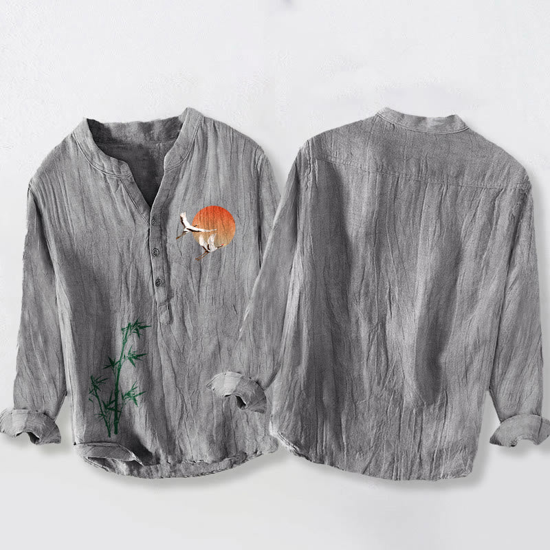 Buddha Stones Sun Crane Bamboo Leaves Pattern Half Buttons Men's Cotton Linen Long Sleeve Shirt - image 5