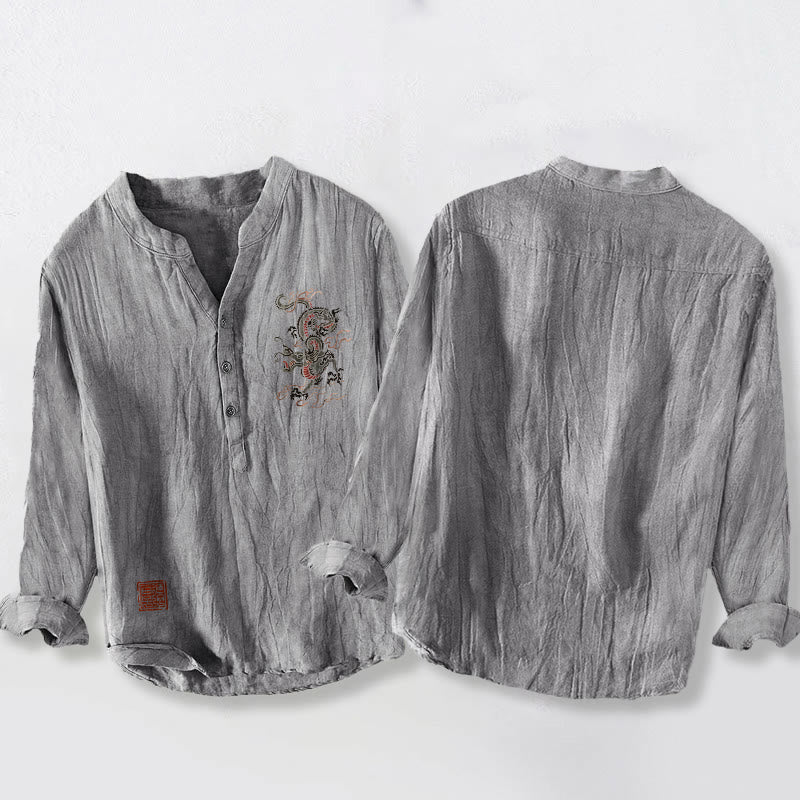 Buddha Stones Dragon Chinese Seal Pattern Half Buttons Men's Cotton Linen Long Sleeve Shirt - image 5
