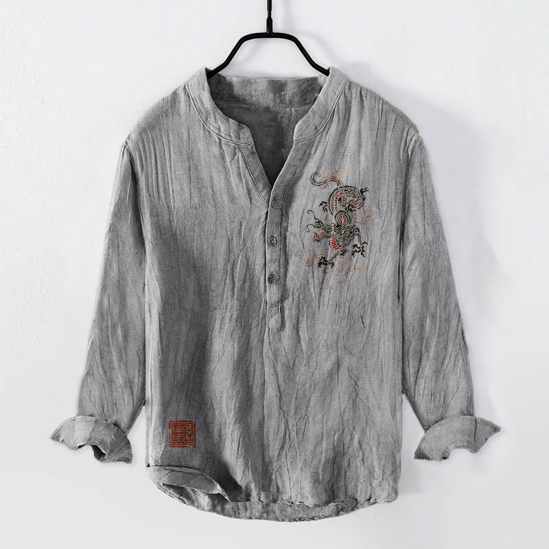 Buddha Stones Dragon Chinese Seal Pattern Half Buttons Men's Cotton Linen Long Sleeve Shirt - Gray - US/UK/AU50，EU60 (5XL) - image 3