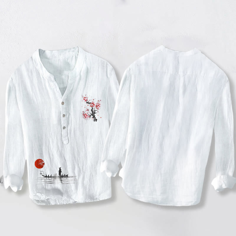 Buddha Stones Plum Blossom Sun Fisherman Pattern Half Buttons Men's Cotton Linen Long Sleeve Shirt - image 8