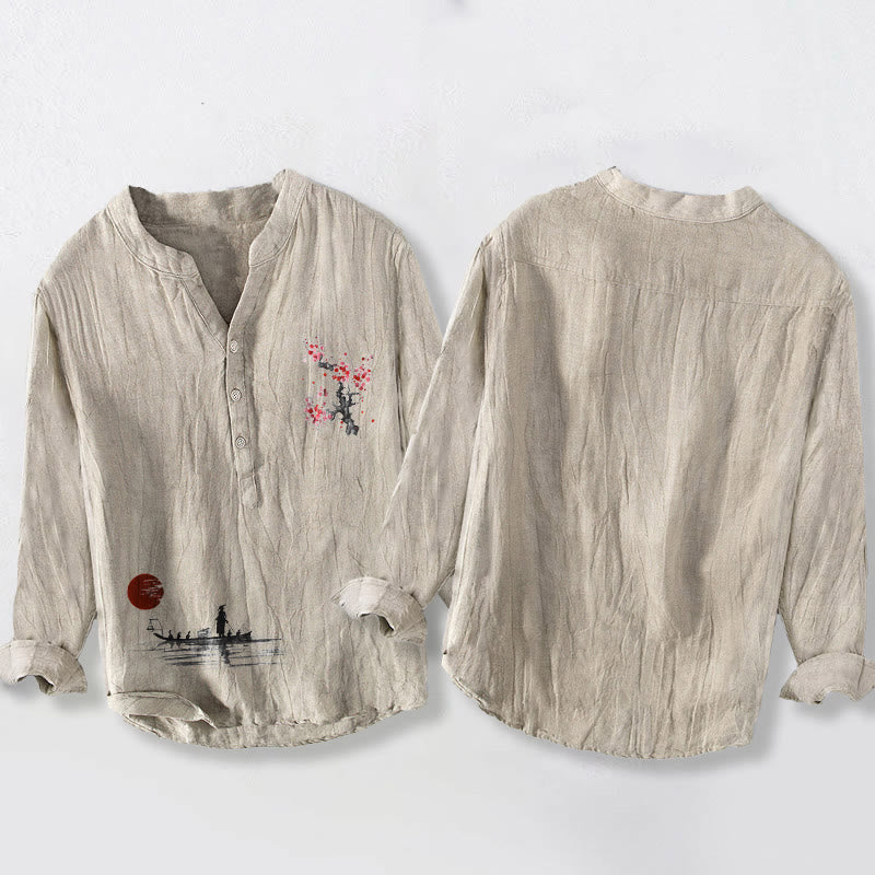 Buddha Stones Plum Blossom Sun Fisherman Pattern Half Buttons Men's Cotton Linen Long Sleeve Shirt - image 2