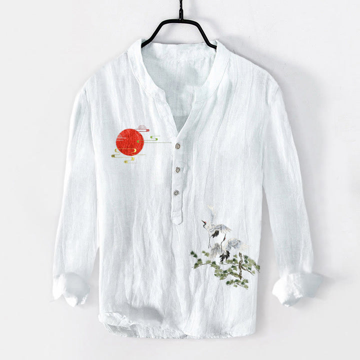 Buddha Stones Sun Crane Pine Tree Branch Pattern Half Buttons Men's Cotton Linen Long Sleeve Shirt - White - US/UK/AU50，EU60 (5XL) - image 3