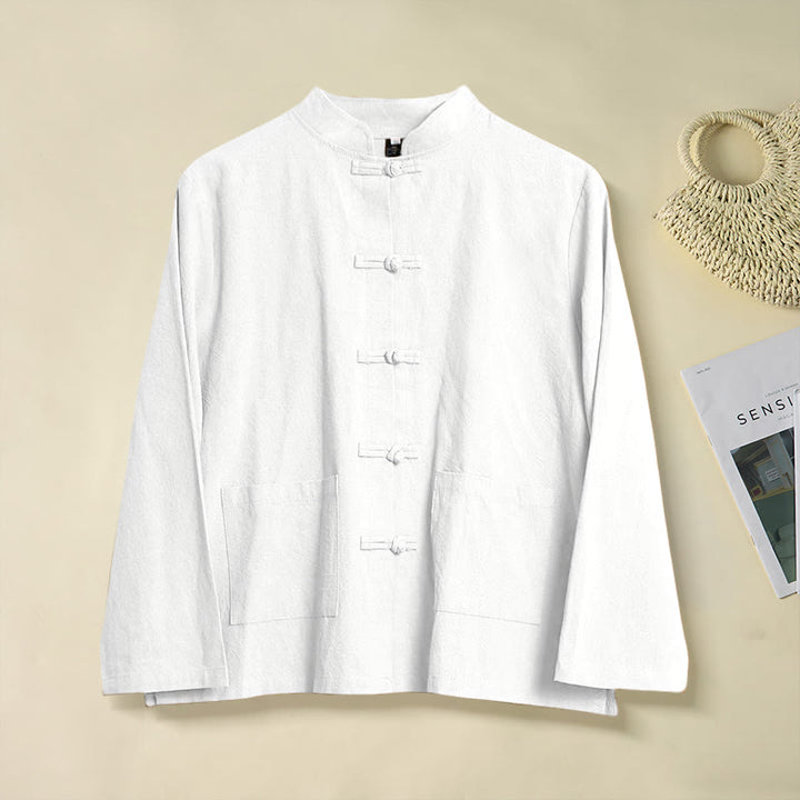 Buddha Stones Ethnic Frog-Button Long Sleeve Stand Collar Women's Cotton Shirt With Pockets - White - US8-10，UK/AU12-14，EU40-42 (2XL) - image 7