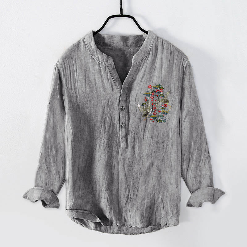 Buddha Stones Crane Pine Tree Flowers Pattern Half Buttons Men's Cotton Linen Long Sleeve Shirt - image 7
