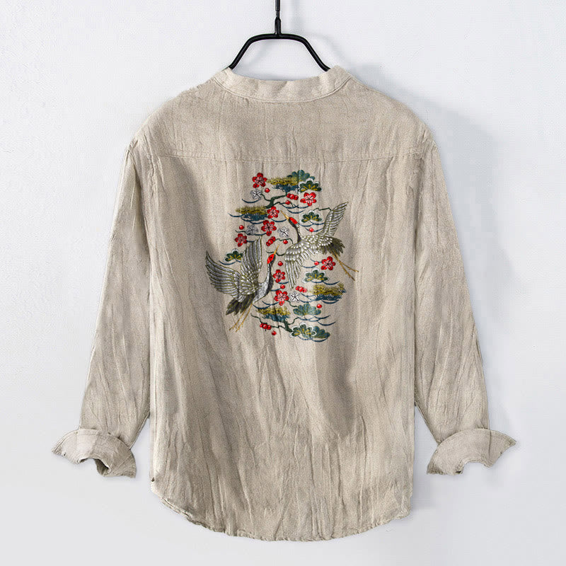 Buddha Stones Crane Pine Tree Flowers Pattern Half Buttons Men's Cotton Linen Long Sleeve Shirt - image 5