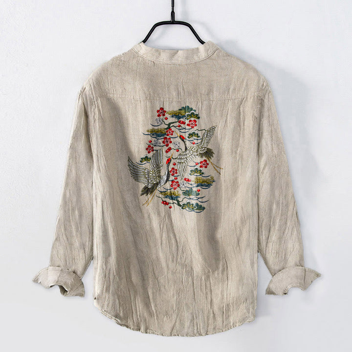 Buddha Stones Crane Pine Tree Flowers Pattern Half Buttons Men's Cotton Linen Long Sleeve Shirt - image 5