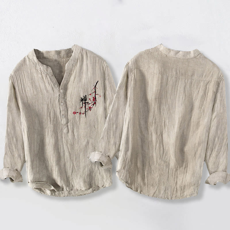 Buddha Stones Red Peach Blossoms Zen Pattern Half Buttons Men's Cotton Linen Long Sleeve Shirt - image 2