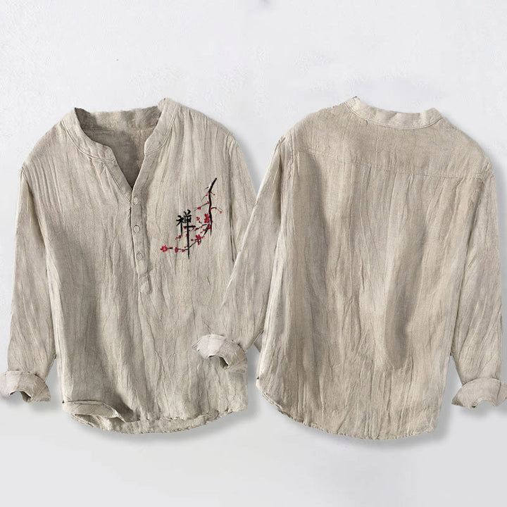 Buddha Stones Red Peach Blossoms Zen Pattern Half Buttons Men's Cotton Linen Long Sleeve Shirt - image 2