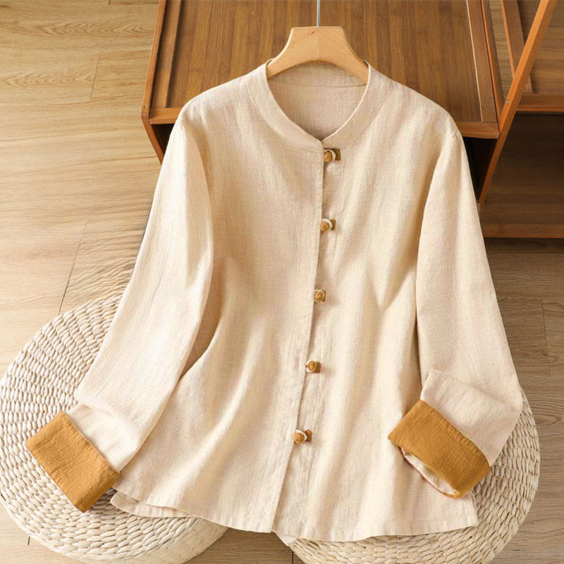 Buddha Stones Color Contrast Design Chinese Frog-Button Long Sleeve Women's Linen Shirt - Linen - US12，UK/AU16，EU44 (2XL) - image 7