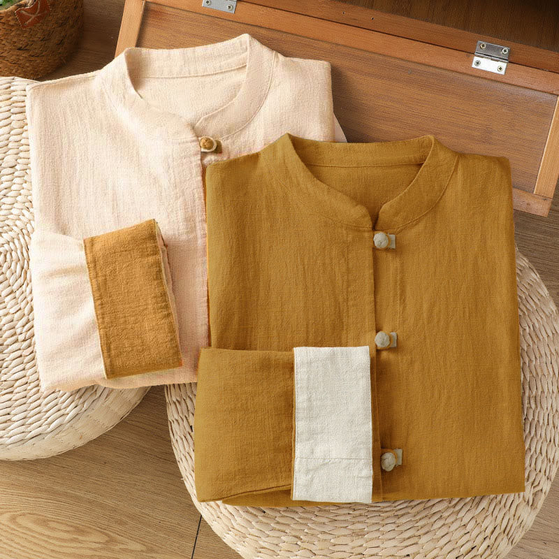 Buddha Stones Color Contrast Design Chinese Frog-Button Long Sleeve Women's Linen Shirt - image 18