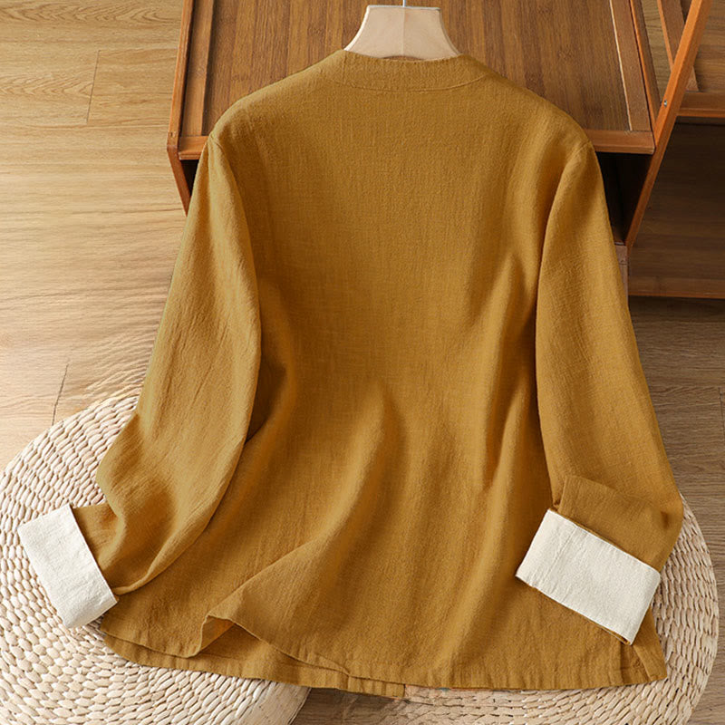 Buddha Stones Color Contrast Design Chinese Frog-Button Long Sleeve Women's Linen Shirt - image 1