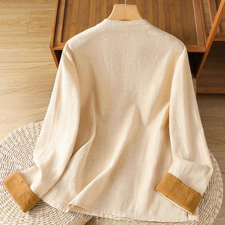 Buddha Stones Color Contrast Design Chinese Frog-Button Long Sleeve Women's Linen Shirt - image 8