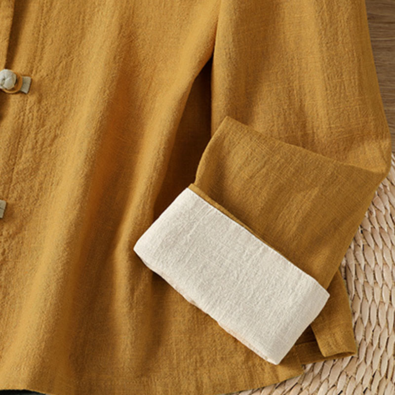 Buddha Stones Color Contrast Design Chinese Frog-Button Long Sleeve Women's Linen Shirt - image 5