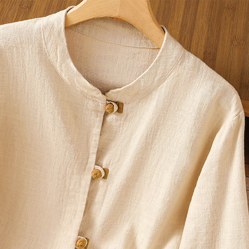 Buddha Stones Color Contrast Design Chinese Frog-Button Long Sleeve Women's Linen Shirt - image 13