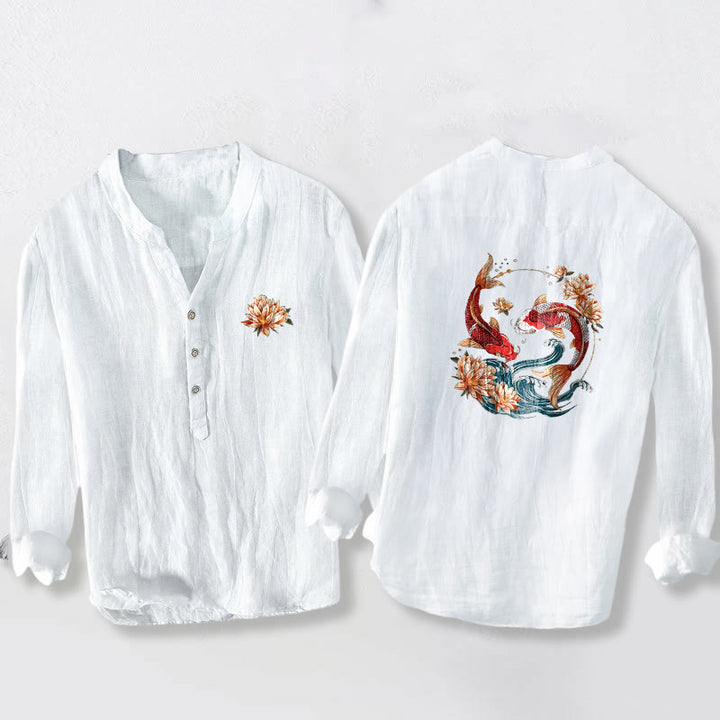 Buddha Stones Koi Fish Lotus Waves Pattern Half Buttons Men's Cotton Linen Long Sleeve Shirt - White - US/UK/AU50，EU60 (5XL) - image 0