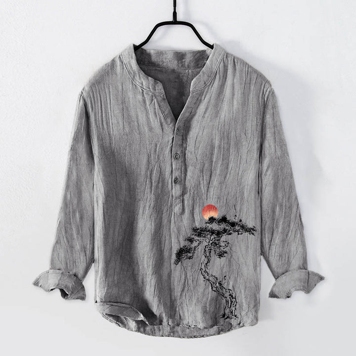 Buddha Stones Pine Tree Red Sun Pattern Half Buttons Men's Cotton Linen Long Sleeve Shirt - Gray - US/UK/AU50，EU60 (5XL) - image 3
