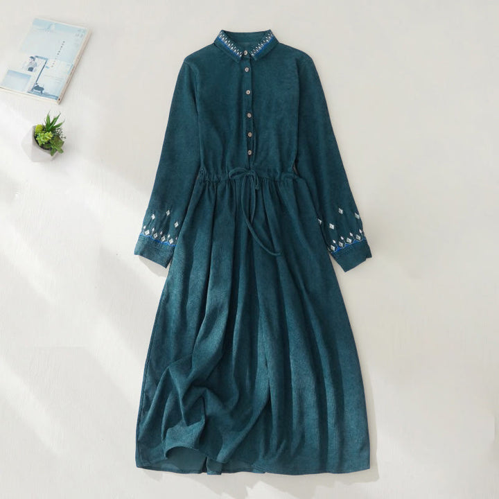 Buddha Stones Embroiderd Floral Pattern Lace -up Design Long Sleeve Midi Dress With Pockets - Teal - US8-10，UK/AU12-14，EU40-42 (2XL) - image 15