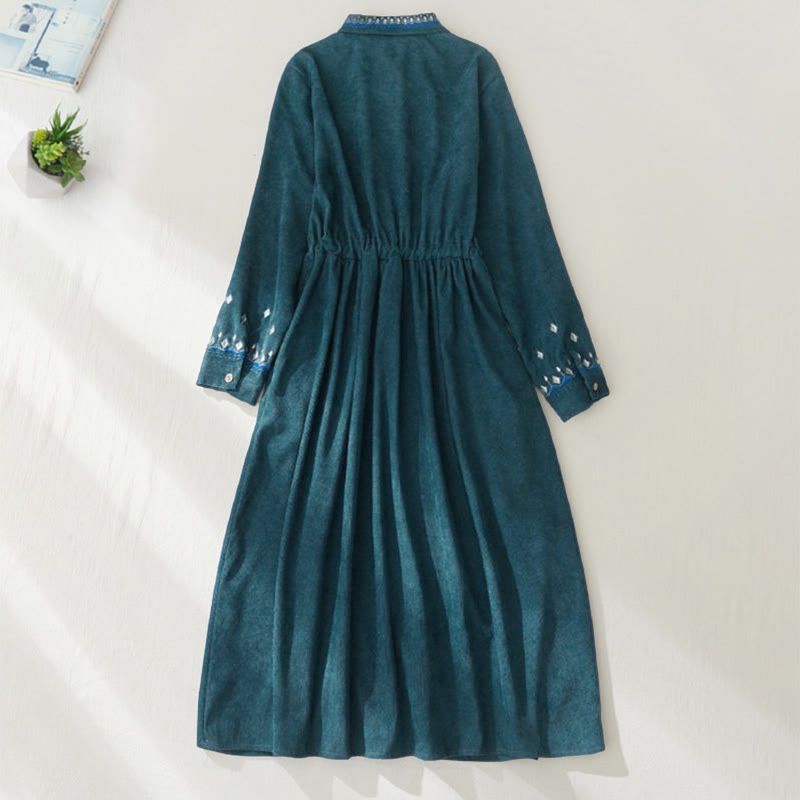 Buddha Stones Embroidered Floral Pattern Lace-up Design Long Sleeve Midi Dress With Pockets - image 16