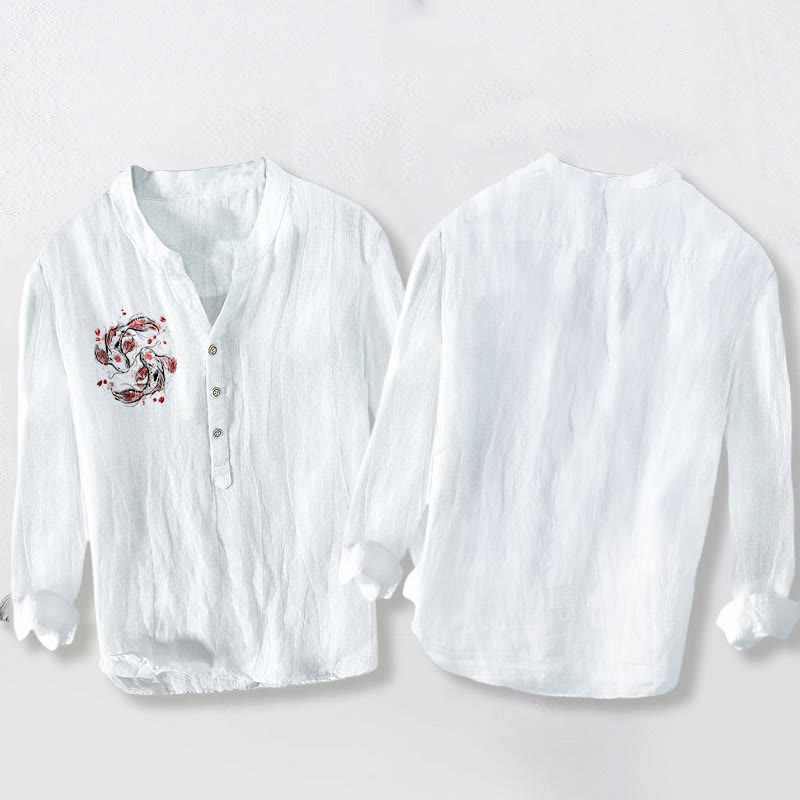 Buddha Stones Koi Fish Yin Yang Pattern Half Buttons Men's Cotton Linen Long Sleeve Shirt - image 8
