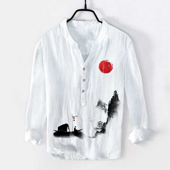 Buddha Stones Mountains Fisherman Boat Red Sun Half Buttons Men's Cotton Linen Long Sleeve Shirt - White - US/UK/AU50，EU60 (5XL) - image 0
