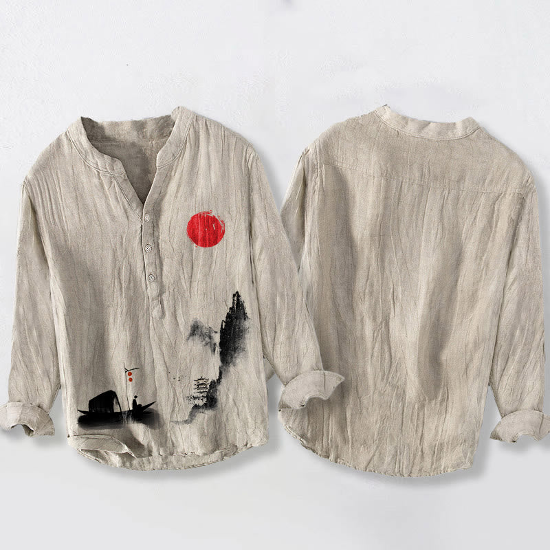 Buddha Stones Mountains Fisherman Boat Red Sun Half Buttons Men's Cotton Linen Long Sleeve Shirt - image 8
