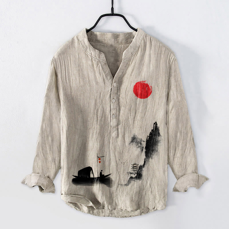 Buddha Stones Mountains Fisherman Boat Red Sun Half Buttons Men's Cotton Linen Long Sleeve Shirt - Linen - US/UK/AU50，EU60 (5XL) - image 6