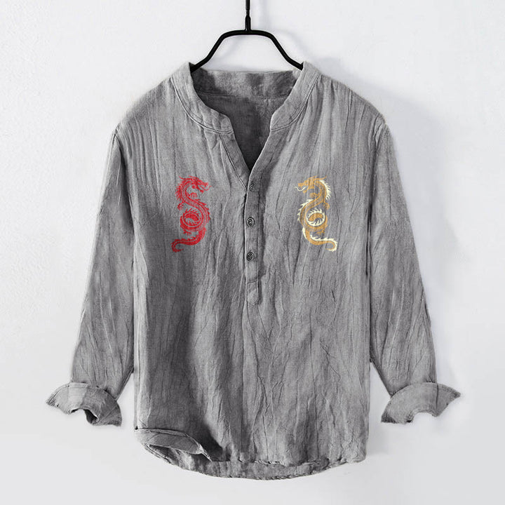 Buddha Stones Double Dragon Pattern Half Buttons Men's Cotton Linen Long Sleeve Shirt - Gray - US/UK/AU50，EU60 (5XL) - image 0