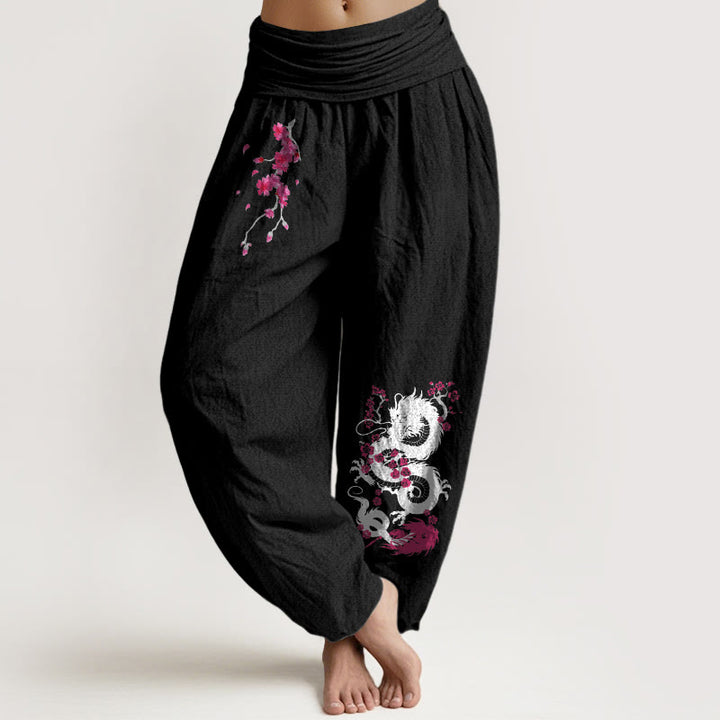 Buddha Stones Dragon Cherry Blossoms Pattern Women's Elastic Waist Harem Cotton Pants - Black - US16，UK/AU20，EU48 (3XL) - image 11