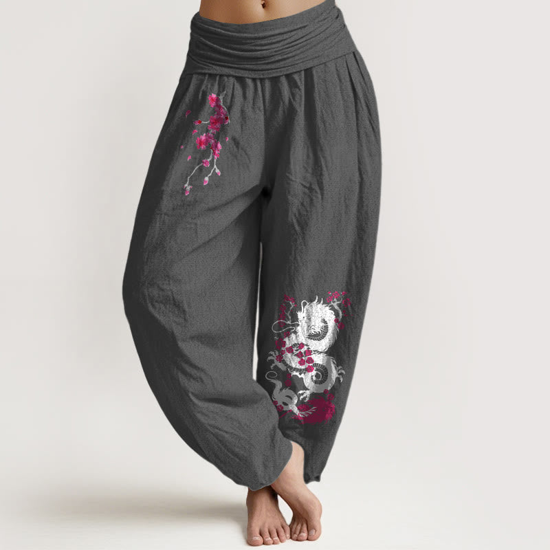 Buddha Stones Dragon Cherry Blossoms Pattern Women's Elastic Waist Harem Cotton Pants - DimGray - US16，UK/AU20，EU48 (3XL) - image 0