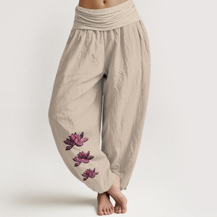 Buddha Stones Casual Lotus Pattern Pure Cotton Women's Elastic Waist Harem Pants - Tan - US16，UK/AU20，EU48 (3XL) - image 5