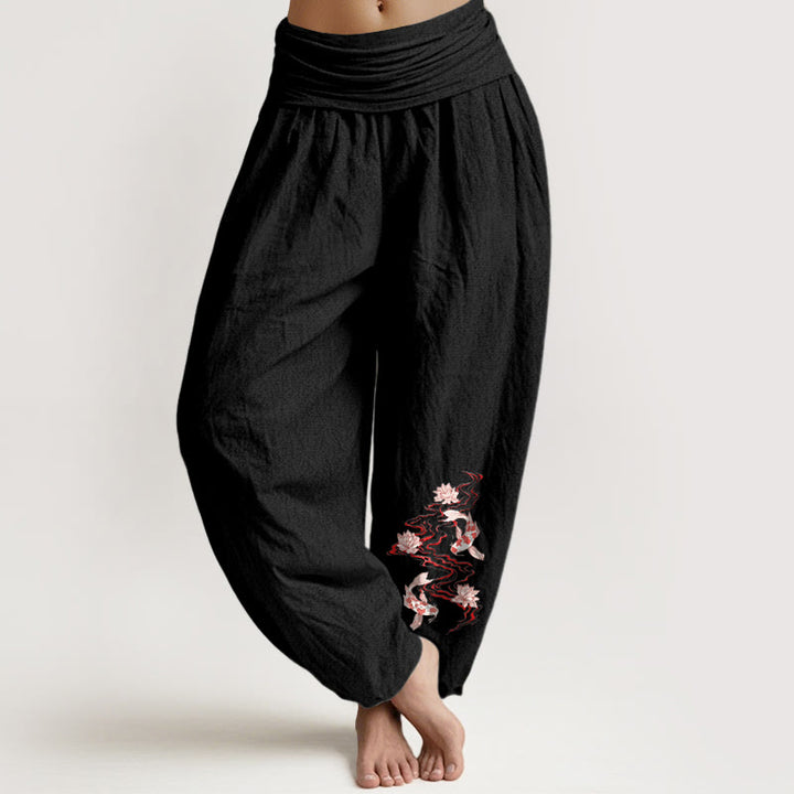 Buddha Stones Pure Cotton Lotus Koi Fish River Pattern Women's Elastic Waist Harem Pants - Black - US16，UK/AU20，EU48 (3XL) - image 0