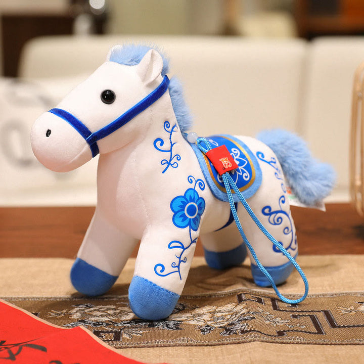 Buddha Stones Year of the Horse Bamboo Dragon Lotus Phoenix Plush Doll Home Decoration - Blue Flower Horse - 20*9.5*16cm - image 24