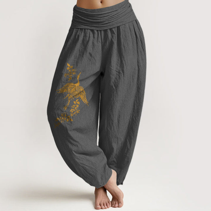 Buddha Stones Crane Floral Leaves Pattern Women's Elastic Waist Harem Cotton Pants - DimGray - US16，UK/AU20，EU48 (3XL) - image 8