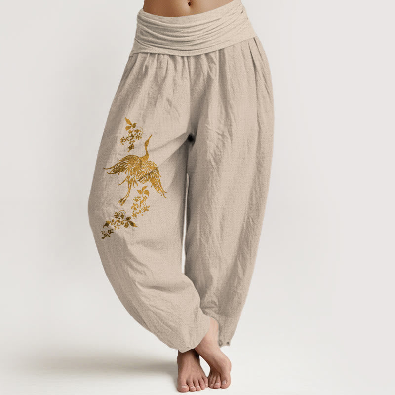 Buddha Stones Crane Floral Leaves Pattern Women's Elastic Waist Harem Cotton Pants - Tan - US16，UK/AU20，EU48 (3XL) - image 11
