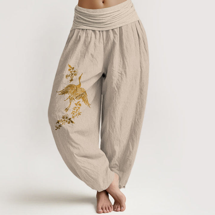 Buddha Stones Crane Floral Leaves Pattern Women's Elastic Waist Harem Cotton Pants - Tan - US16，UK/AU20，EU48 (3XL) - image 11