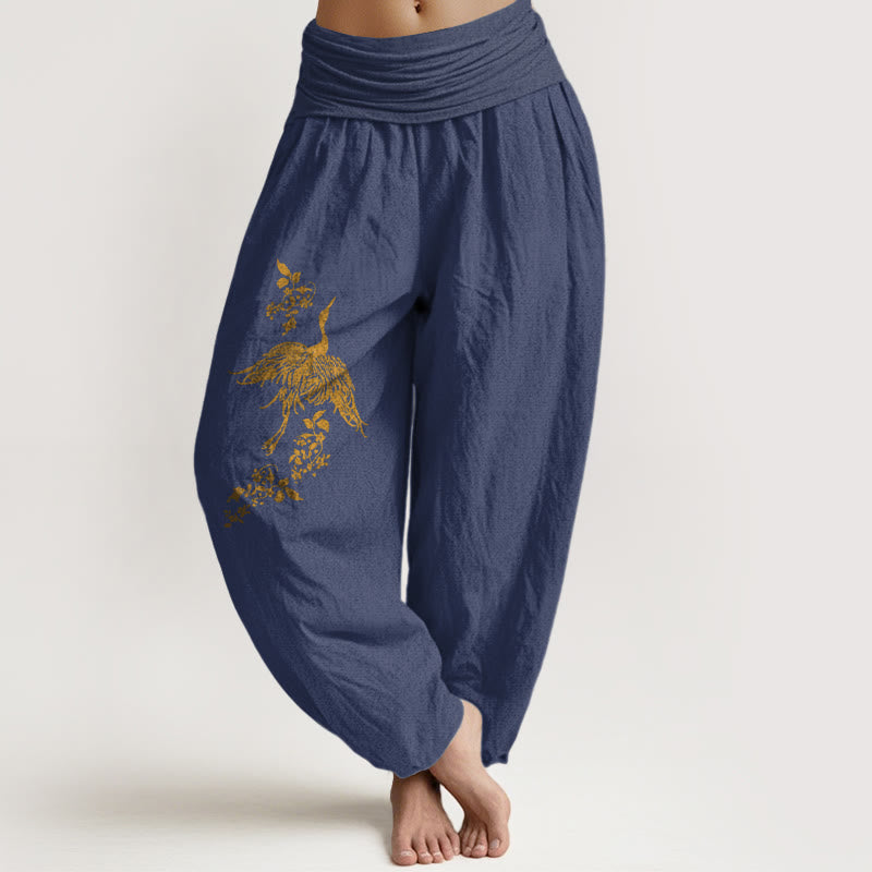 Buddha Stones Crane Floral Leaves Pattern Women's Elastic Waist Harem Cotton Pants - DarkSlateBlue - US16，UK/AU20，EU48 (3XL) - image 5