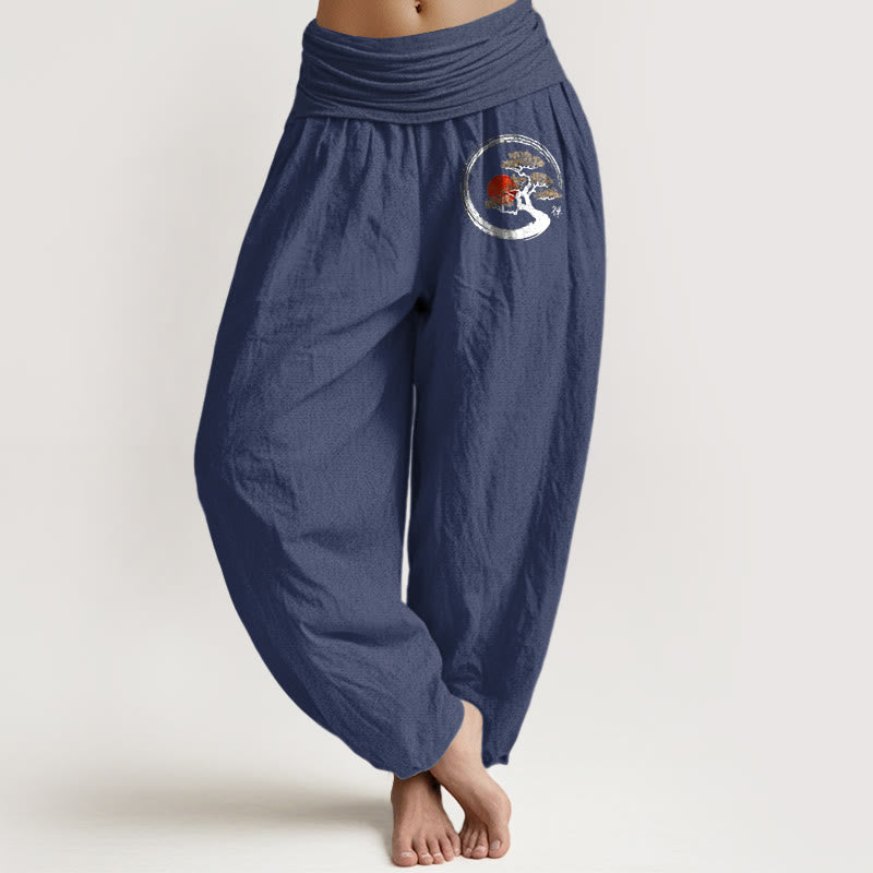 Buddha Stones Pine Tree Red Sun Zen Character Pattern Pure Cotton Women's Elastic Waist Harem Pants - DarkSlateBlue - US16，UK/AU20，EU48 (3XL) - image 11
